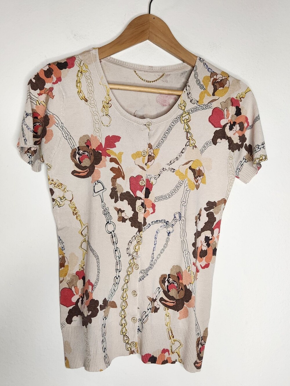 Charlotte Tarantola Womens Large Floral Chains Button Short Sleeve Silk Blend